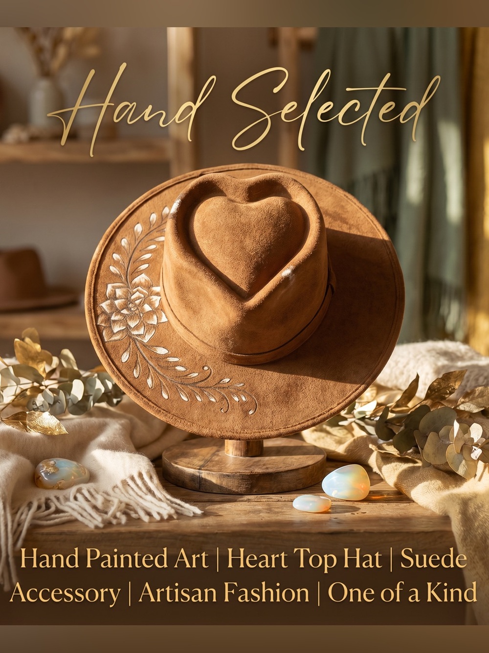 Hand made and hand painted brown suede hat with heart top